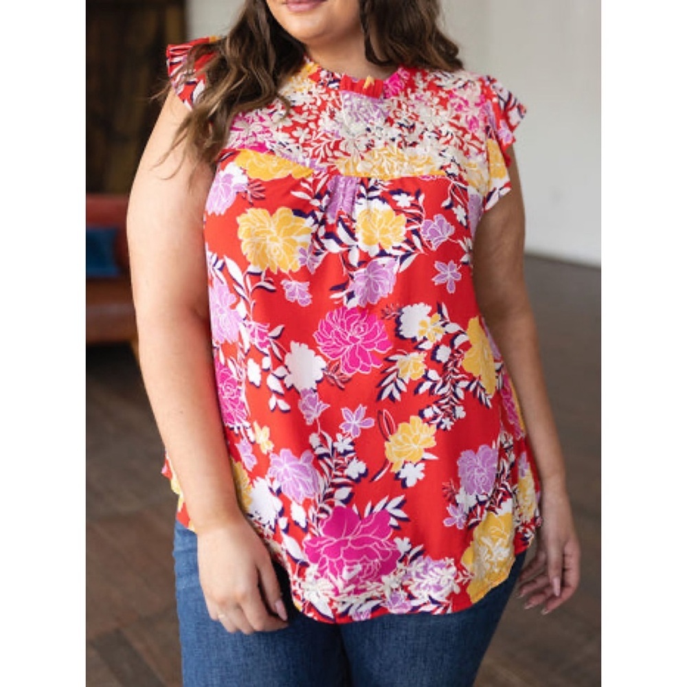 Emily Wonder Red AMONG THE FLOWERS FLORAL TOP size 1x